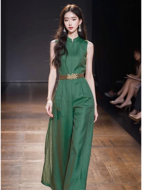 Elegant Women's O-Neck Office Ladies Romper Jumpsuit 2026 New Summer Green Sleeveless Tank High Waist Belt Wide Leg Jumpsuits