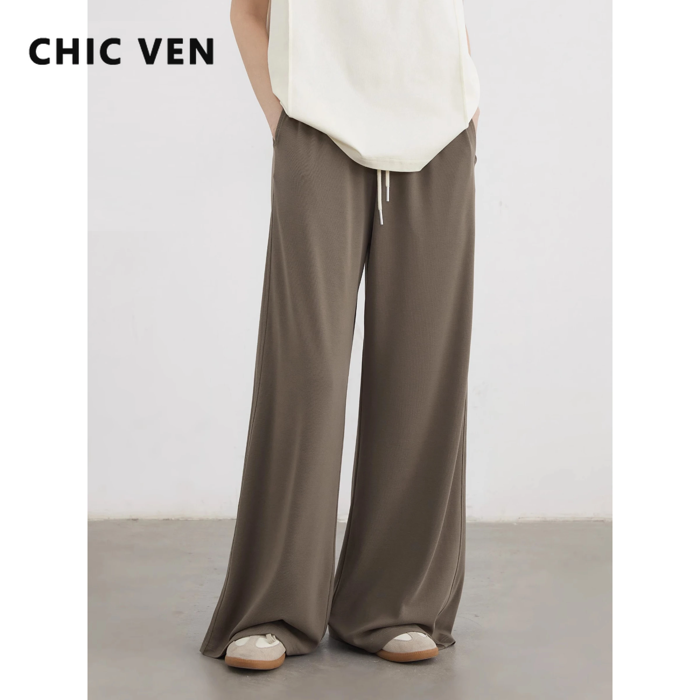 شيك فين النساء السراويل الصلبة فضفاضة عادية عالية الخصر مرونة الخصر السراويل الرباط واسعة الساق الإناث بانت للمرأة صيف 2025