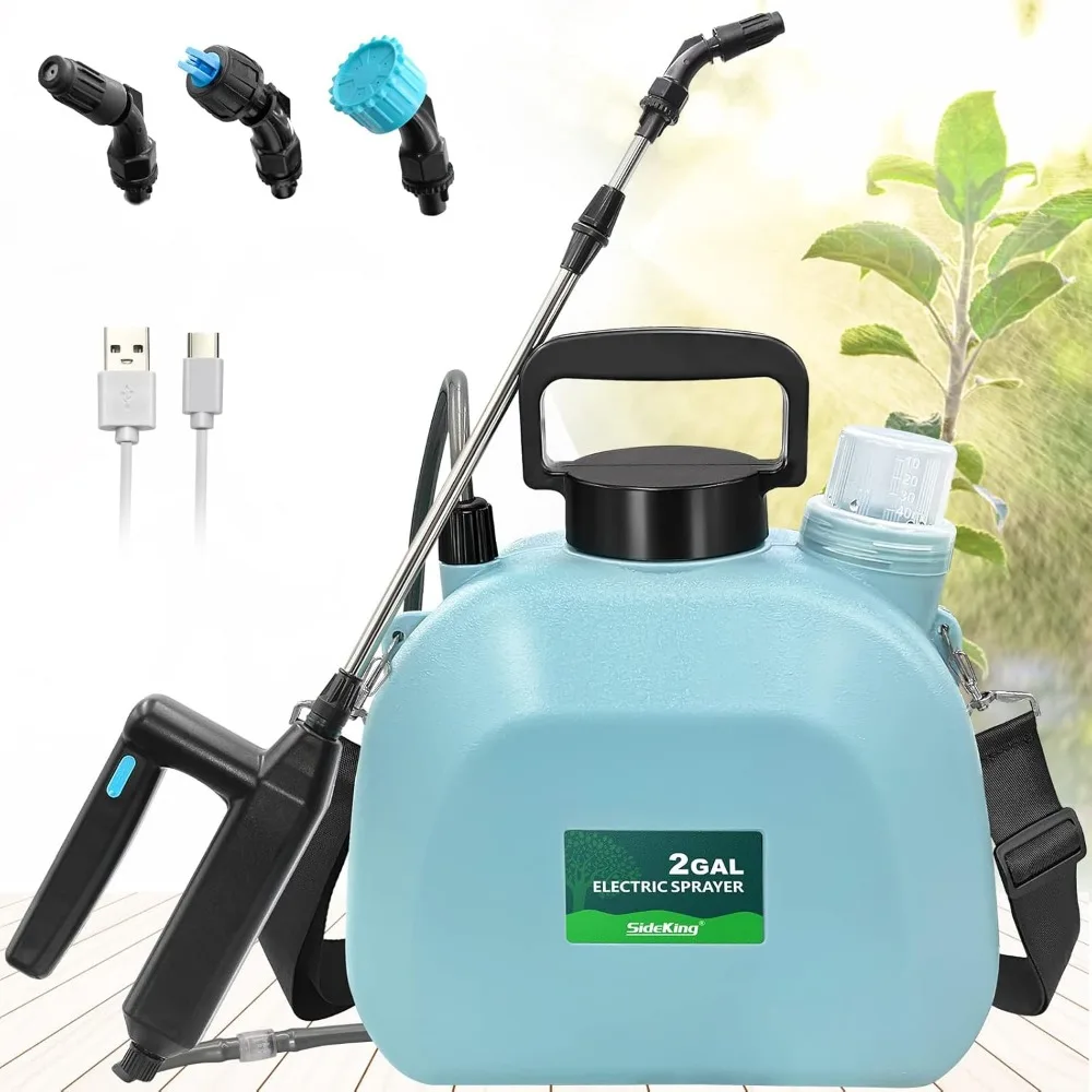 

Battery Powered Garden Sprayer 2 Gallon, Upgrade Powerful Electric Sprayer with 3 Mist Nozzles Blue