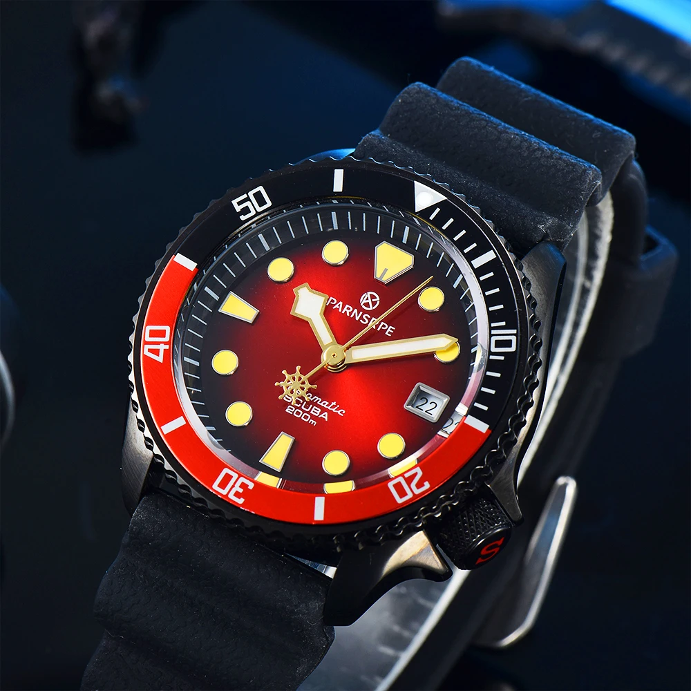 PARNSRPE Divers Men\'s Automatic Watch Luminous Dial Sapphire Glass NH35 Movement Date Indicator burst red