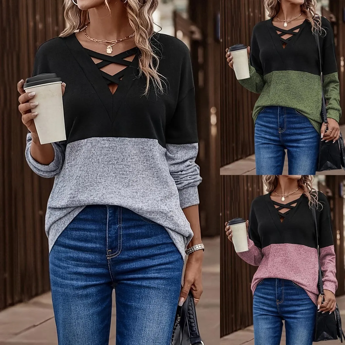 Patchwork V Neck Top with Long Sleeve Pullover Regular Length Casual Loose Fit Japanese Korean Casual Long Skirt for Women