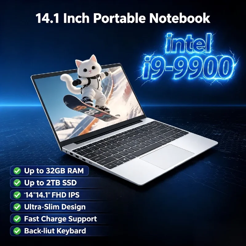 2026 Intel i9 9900 14.1 Inch Ultra Slim Gaming Laptop 5GHz 32GB RAM 2TB SSD 1920x1080 Office Study Pro Max Unit