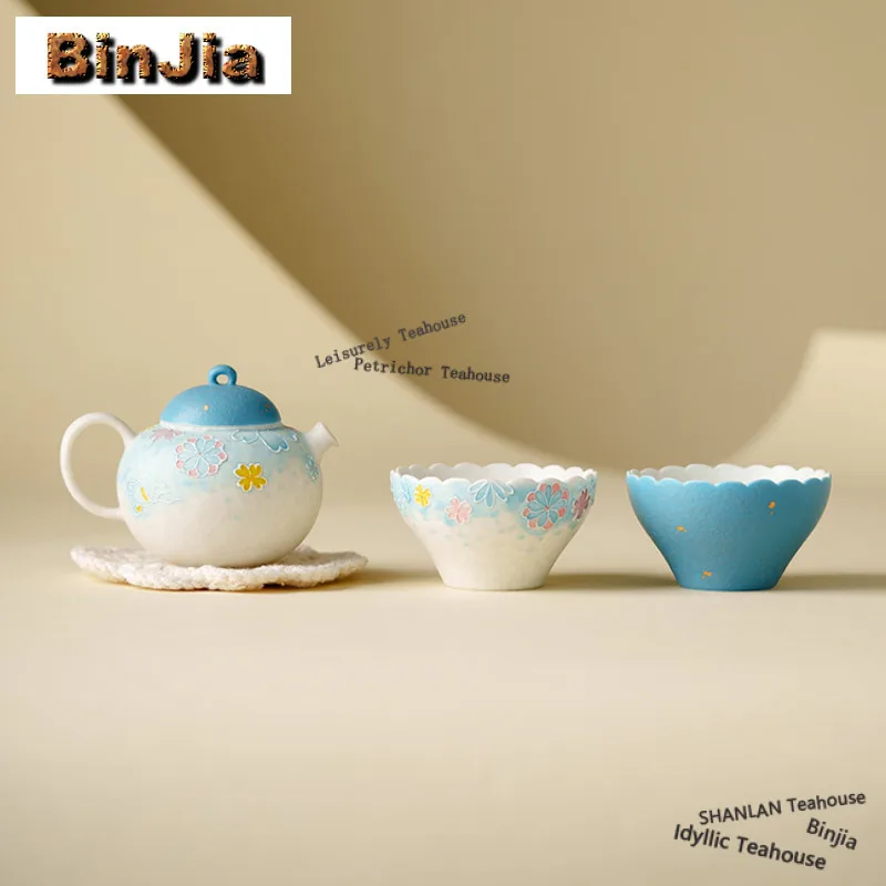 Sea Blue Sprinkled Gold Pile Colorful Flower Tea Set Complete Set Handmade Tea Ceremony Set Teapot And Tea Cup Set Cha Craft