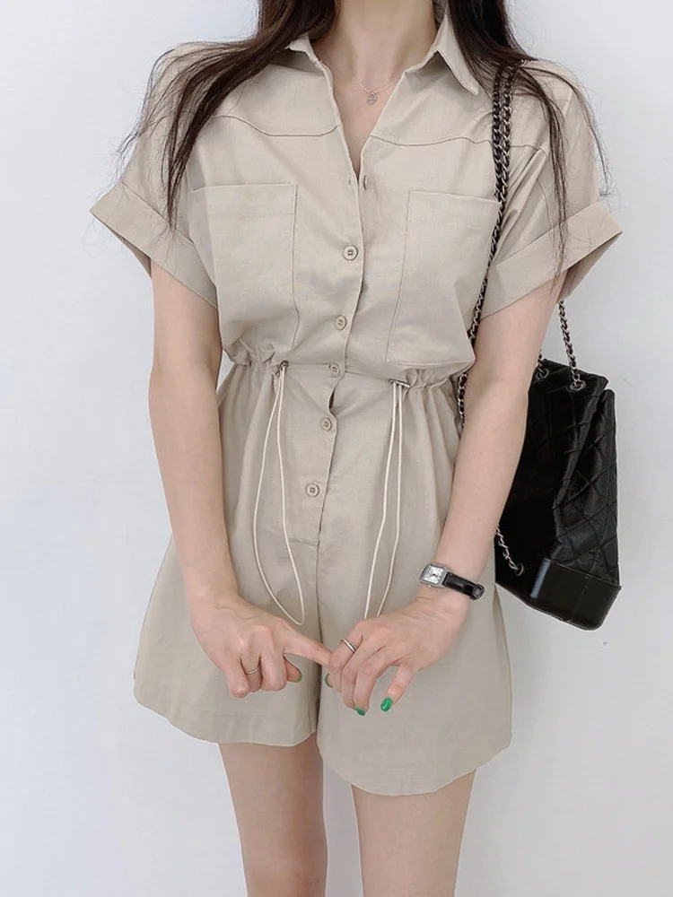 

Casual Workwear Style Overalls Women's Summer Short Sleeve Drawstring Loose Slimming Wide Leg One-Piece Shorts High Waist