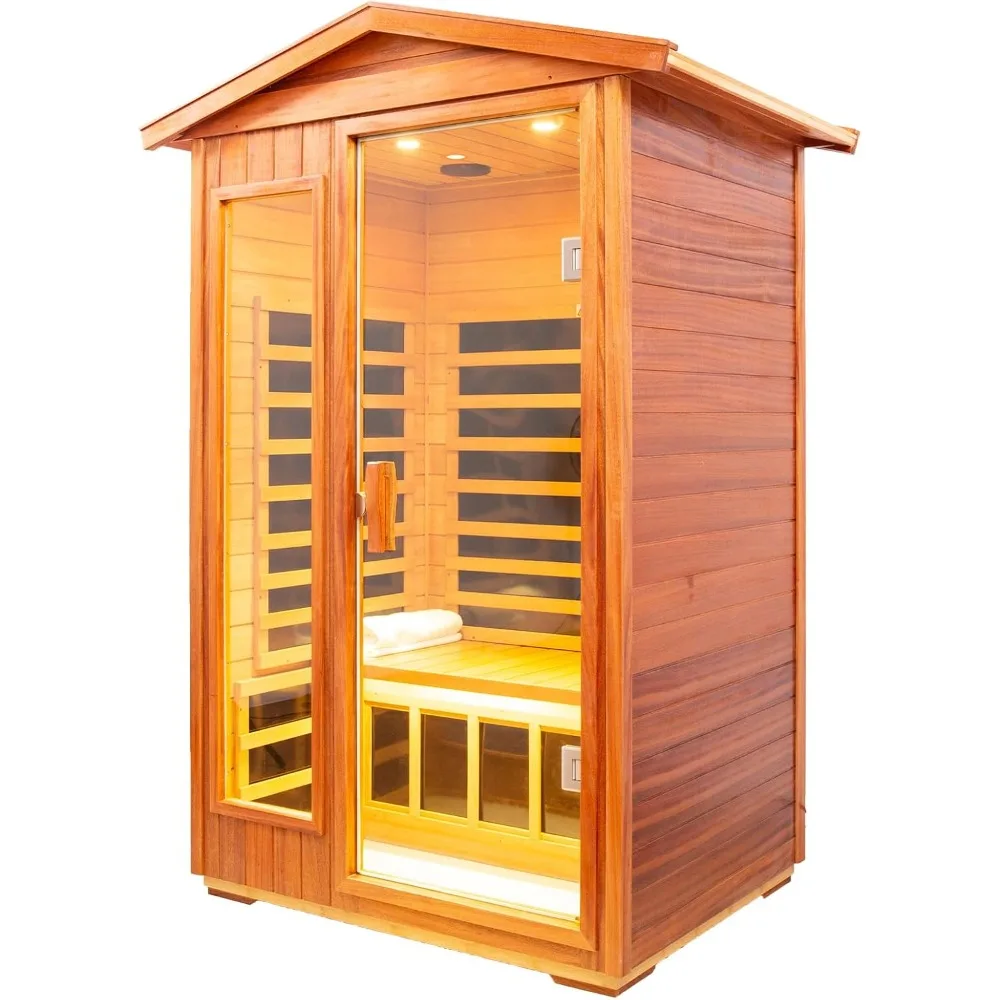 Outdoor Sauna Room for 2 People, Low EMF Far Infrared Sauna Room, Peach Blossom Wood with Bluetooth, LCD, LED