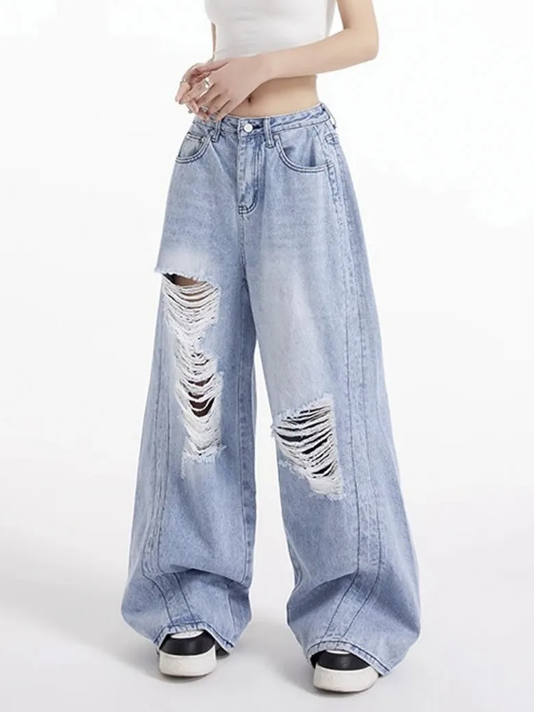 WCFCX STUDIO Y2k Streetwear Harajuku Jeans for Women Vintage American Ripped Denim Trousers High Waist Jeans