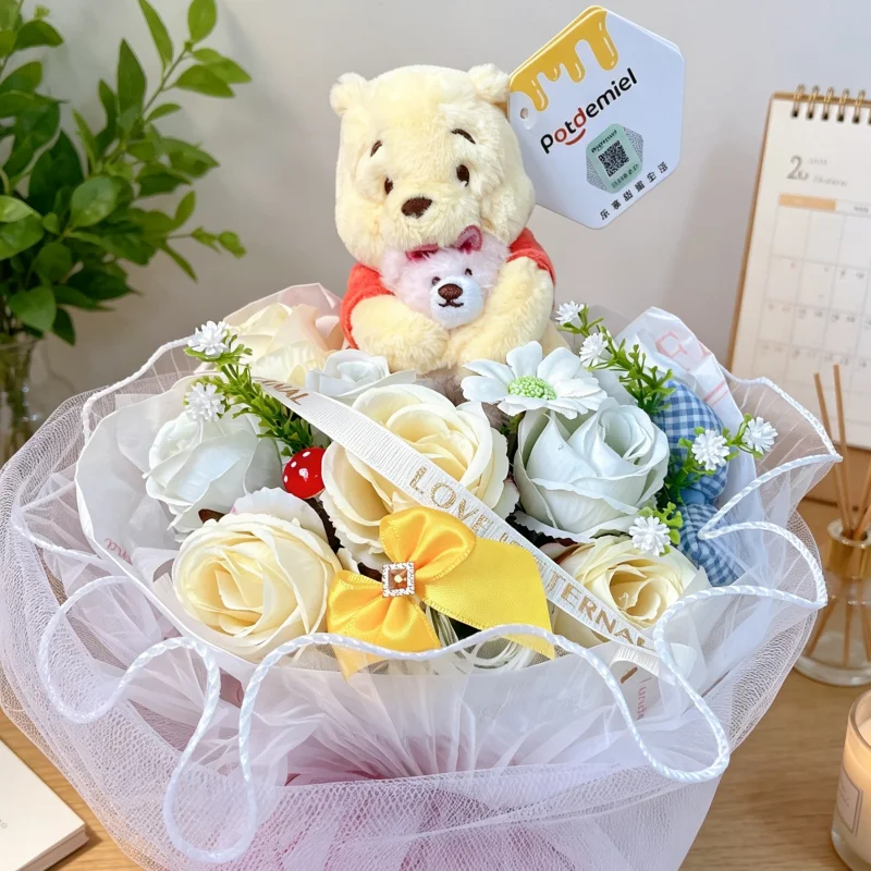 Genuine Stitch Micky Mouse Winnie Plush Dolls With Artificial Creative Flowers Bouquet Valentine Christmas Graduation Gifts