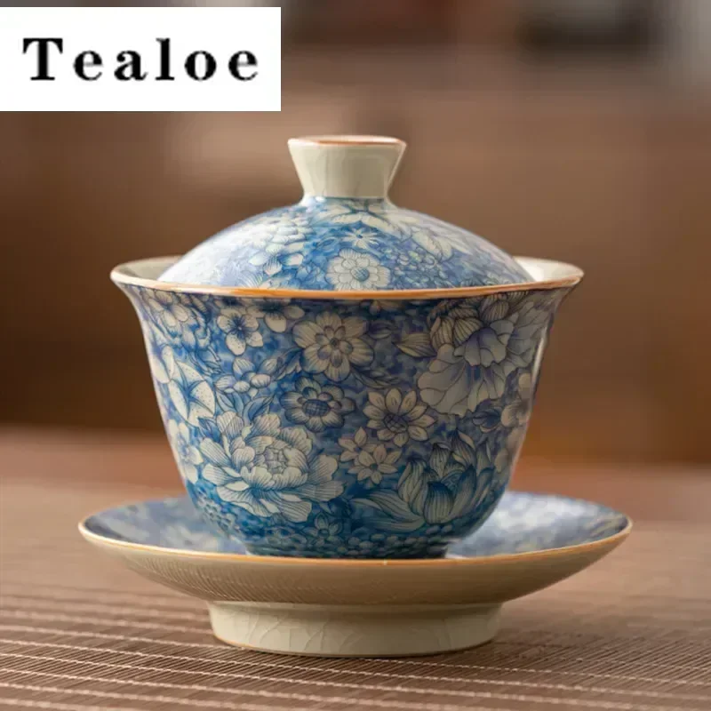 130ml Chinese Antique Ru Kiln Flowers Tea Tureen Covered Bowl Ceramic Gaiwan Teacup Household Tea Separator Travel Teaware