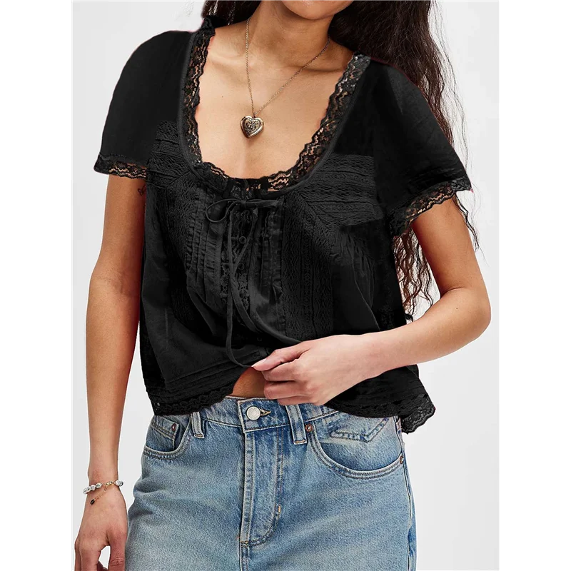 

A83F-Women Tie Front Lace Trim Top Sheer Short Sleeve Scoop Neck Button Shirt Y2k Ruffle Flowy Boho Crop Tops