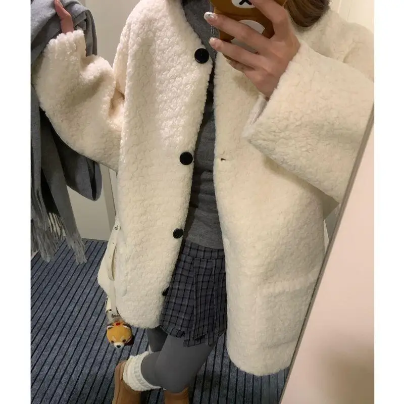 Mulheres estudante inverno solto casaco de lã quente casual moda jaqueta outerwear aconchegante oversized manga longa bonito coreano topos