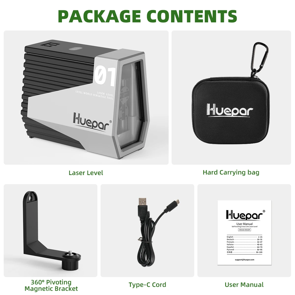Huepar 2-линейный зеленый лазерный уровень, самовыравнивающийся лазерный уровень с перекрестной линией, датчиком движения, литиевой батареей и основанием для DIY