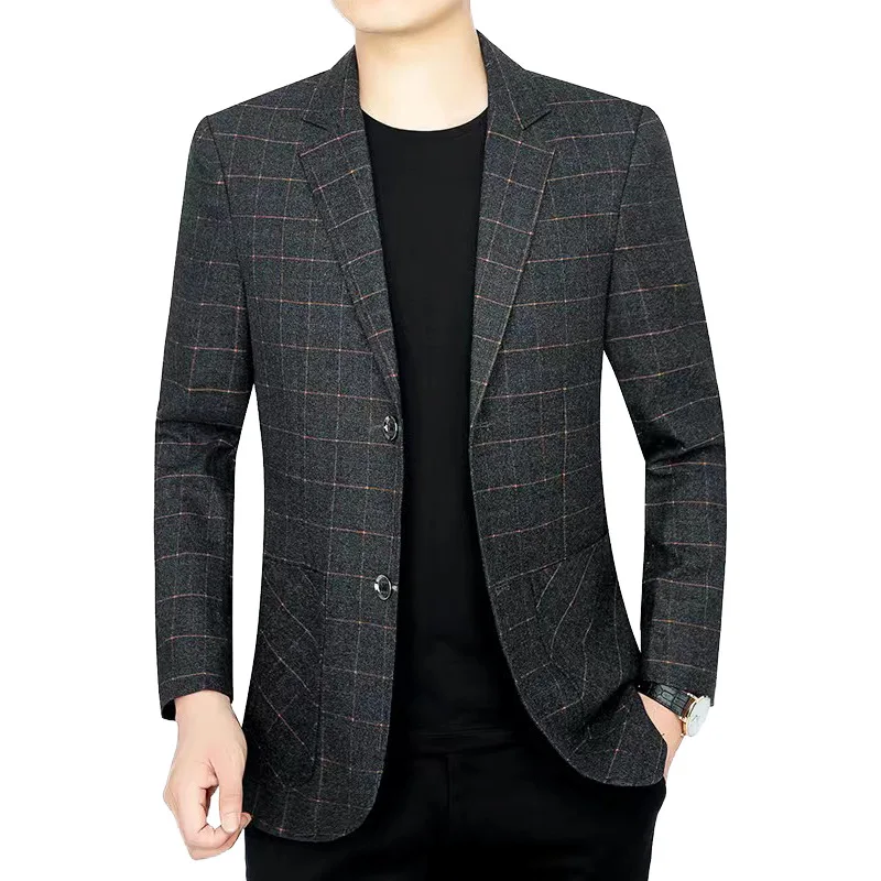 

Men Suit Coat Autumn Vintage Turn Down Collar Plaid Male Outerwear Non-ironing Long Sleeve Pocket Casual Versatile Man Blazer