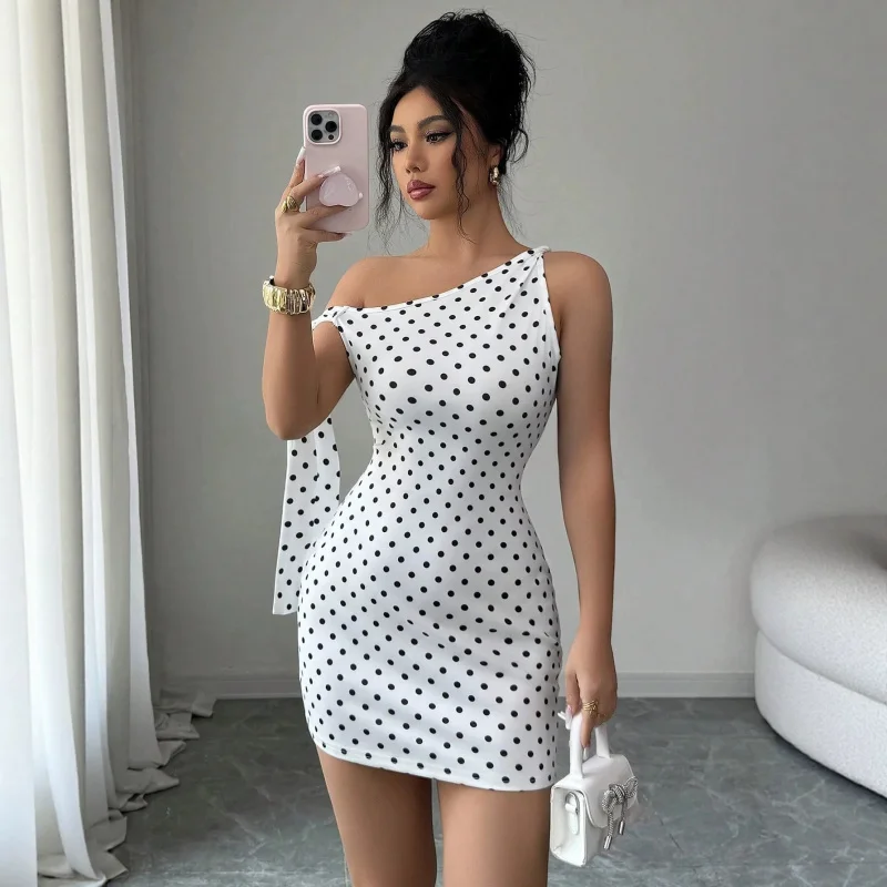 

2026 New Vintage Polka Dot Off-Shoulder Strap Slim Fit Sexy Bodycon Mini Dress for Women