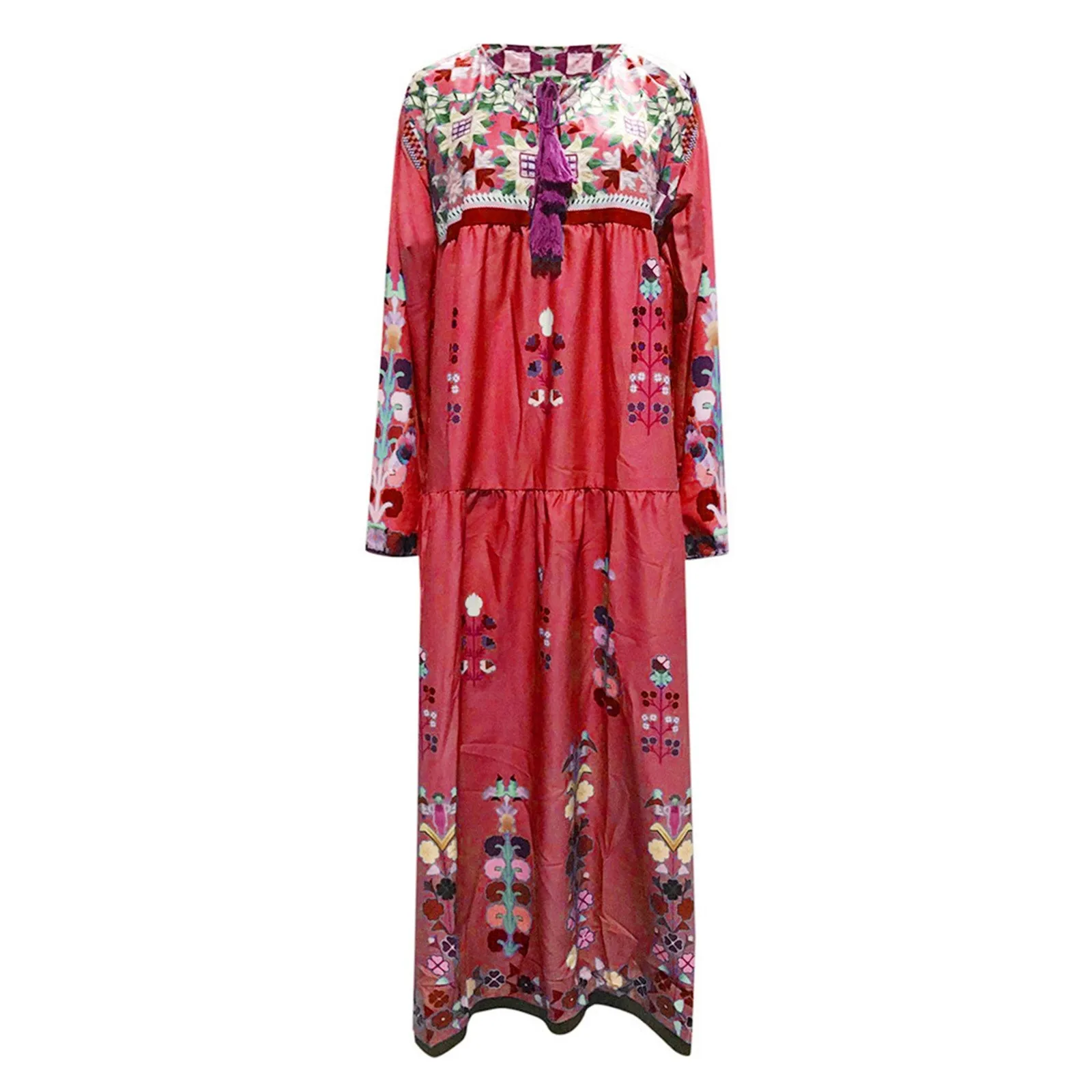 Fashion Vintage Ethnic Style Printed Long Dresses Long Sleeved Boho Beach Holiday Dress Plus Size Loose Casual Women\'s Dresses