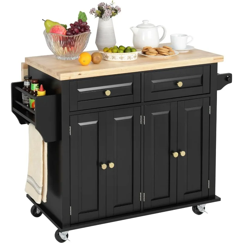 Finnhomy Rolling Kitchen Island with Drop Leaf, Thicken Rubberwood Top, Spice Rack, Towel Rack, Drawer, 43.3