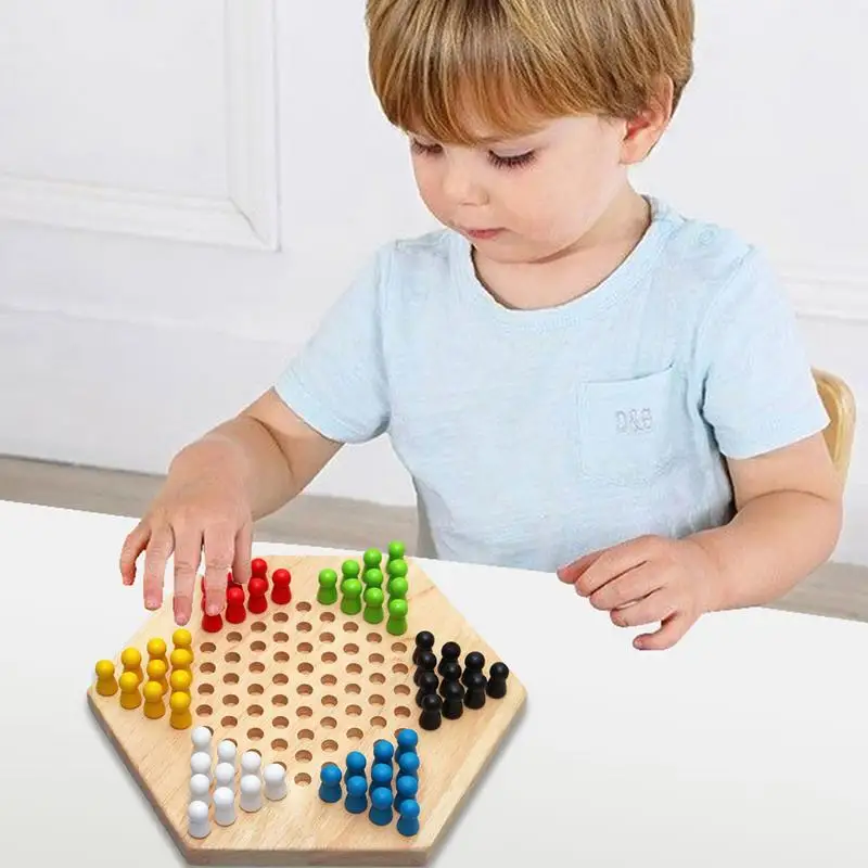 Hexagonal Checker Board Durable Wooden Chinese Style Chinese Checkers Embedded Design Wooden Hexagonal Checkers