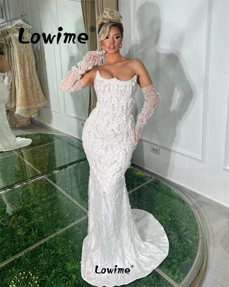 Full Pearl White Party Dress Long Arabic Evening Dresses 2024 Strapless Engagement Gowns Prom Dresses With Gloves Robe De Soiree