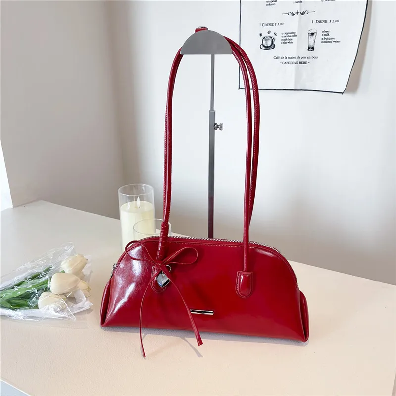 

High End Texture Red Single Shoulder Bags for Women Chic Sweet Bow PU Leather Underarm Pack 2025 New Fashion Retro Handbags