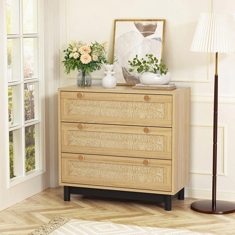 Lèvent de commode en rotin Boho, boutons d'armoire ronds, boutons de meubles en bois, poignées tissées à la main WUNICEF, installation facile, 16 paquets
