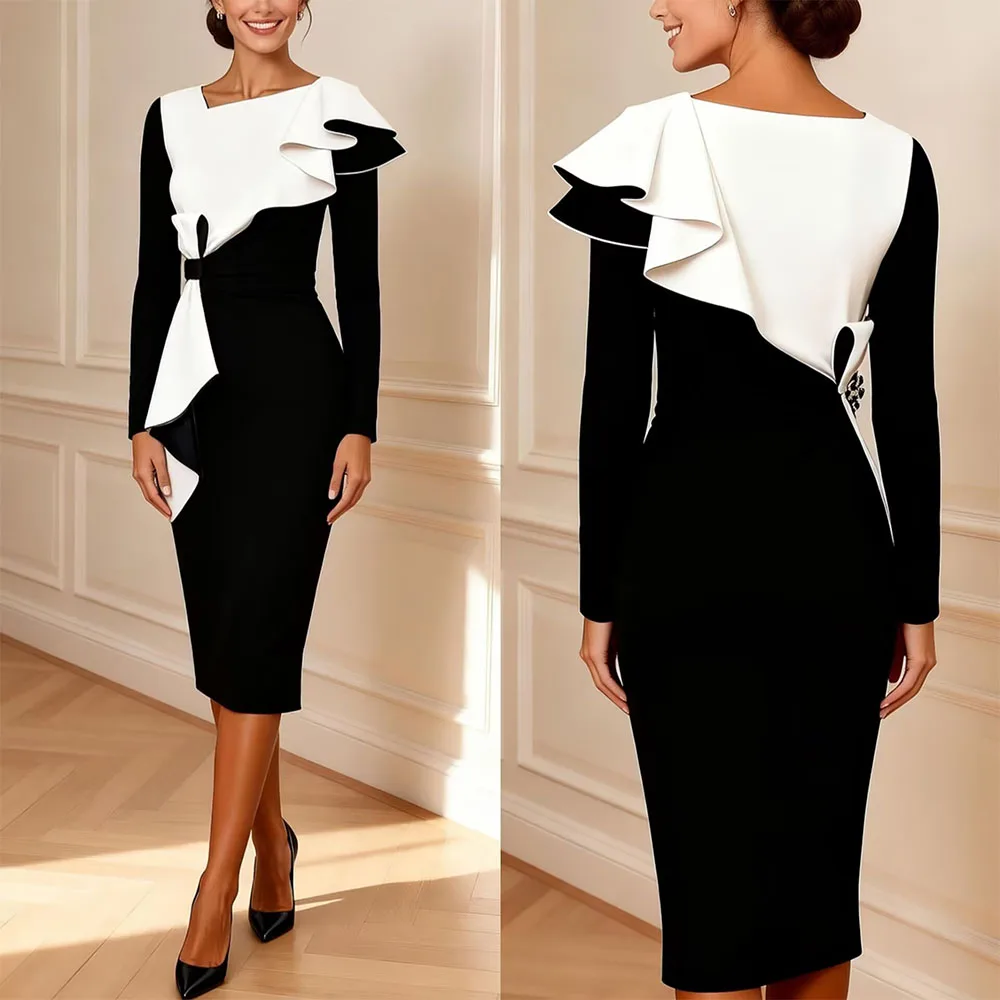 

High Quality Customized V-neck Color Consist Knee Length Full Sleeves Straight Vestido Madrinhas Casamento Evening Dresses Robe