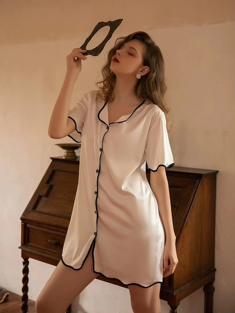 Ins BF Style Korea Blouse Dresses Lady Summer Short Sleeve Buttons Clousre Sleepwear Casual Satin Silk Women Sleeping Shirts