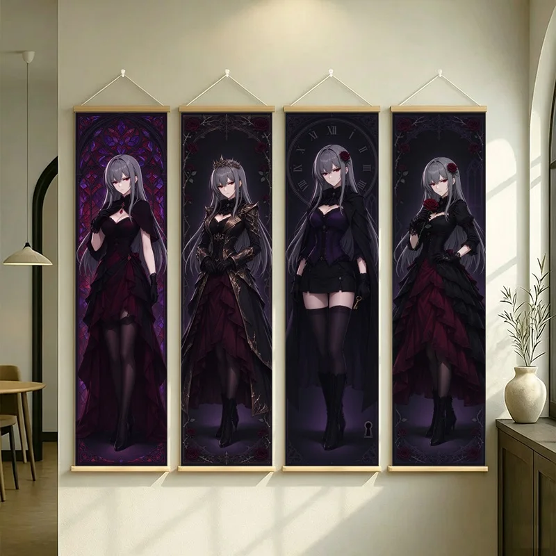 Gray Haired Anime Women Hanging Scroll with Gothic Fashion Illustrations and Deep Purple Backgrounds for a Moody Bedroom