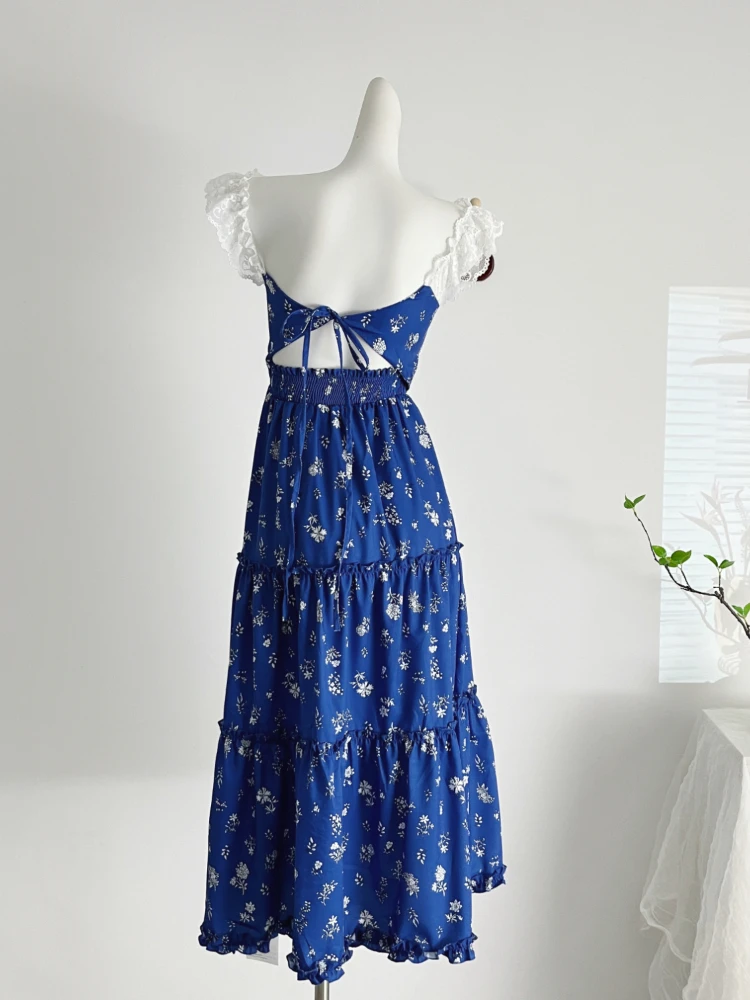 Vestido feminino com retalhos de renda, chiffon azul, francês, vestidos japoneses, festa noturna, floral elegante, estilo de fada