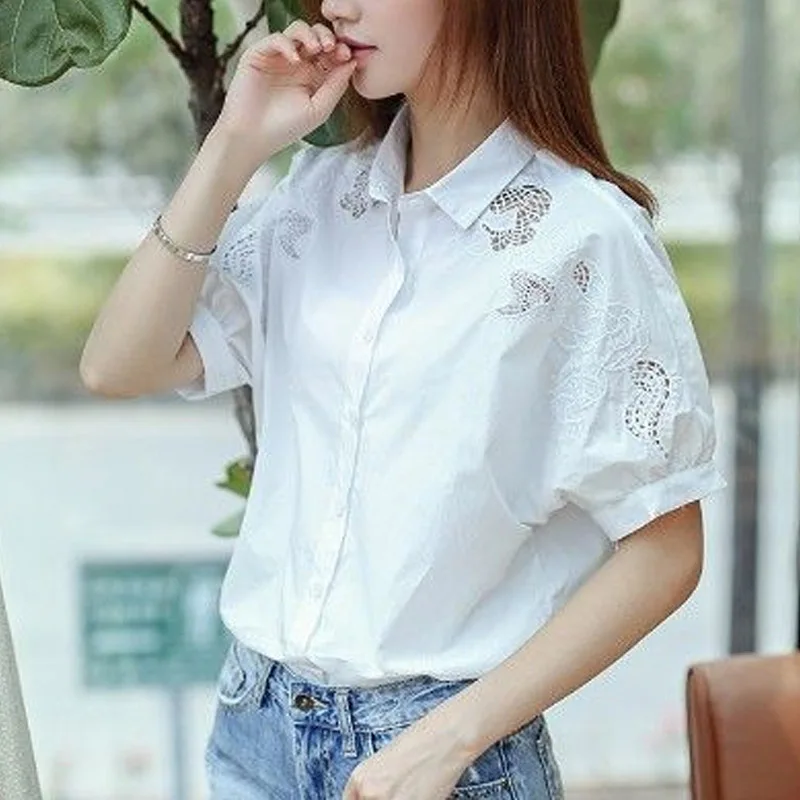 White Embroidered Hollow Out Blouse Women New Short Sleeve Polo Collar Office Single-breasted Lady All-match Chiffon Shirt