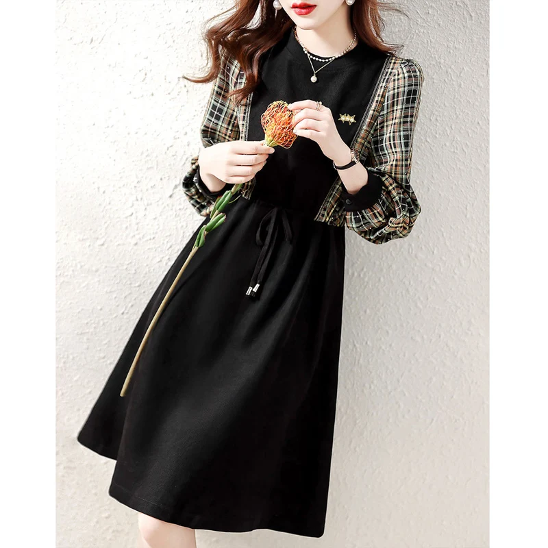 Spring Autumn New Contrast Color Plaid Fashion Long Sleeve Midi Dress Women High Street Casual Lacing Button All-match Vestidos