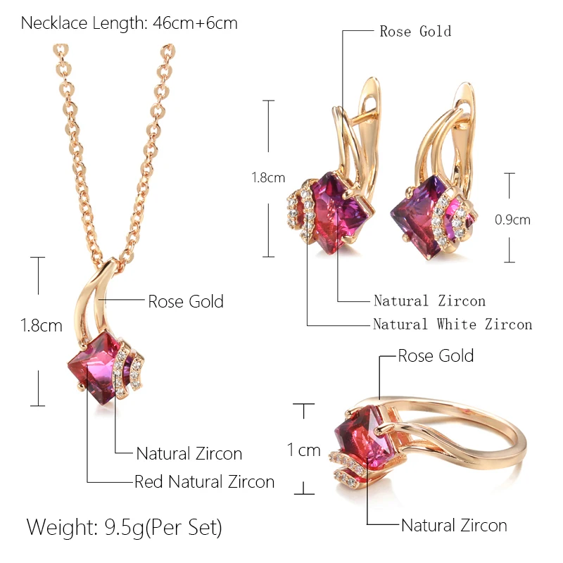 SYOUJYO Vintage Garnet Red Natural Zircon Jewelry Sets 585 Rose Gold Color Fashion Dress Collocation Necklace Earrings Ring Gift