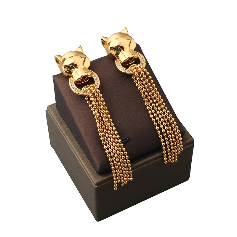 Elegant Western-style luxury tassel leopard ear studs with fashionable leopard head necklace jewelry