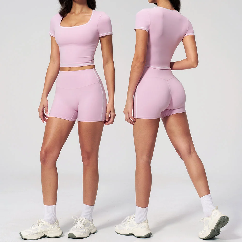 2 Pieces Yoga Set Fitness Short Sleeves Workout Clothes Shockproof Crop Top Fitness  Cycling shorts Athletic Wear  Shorts Outfit