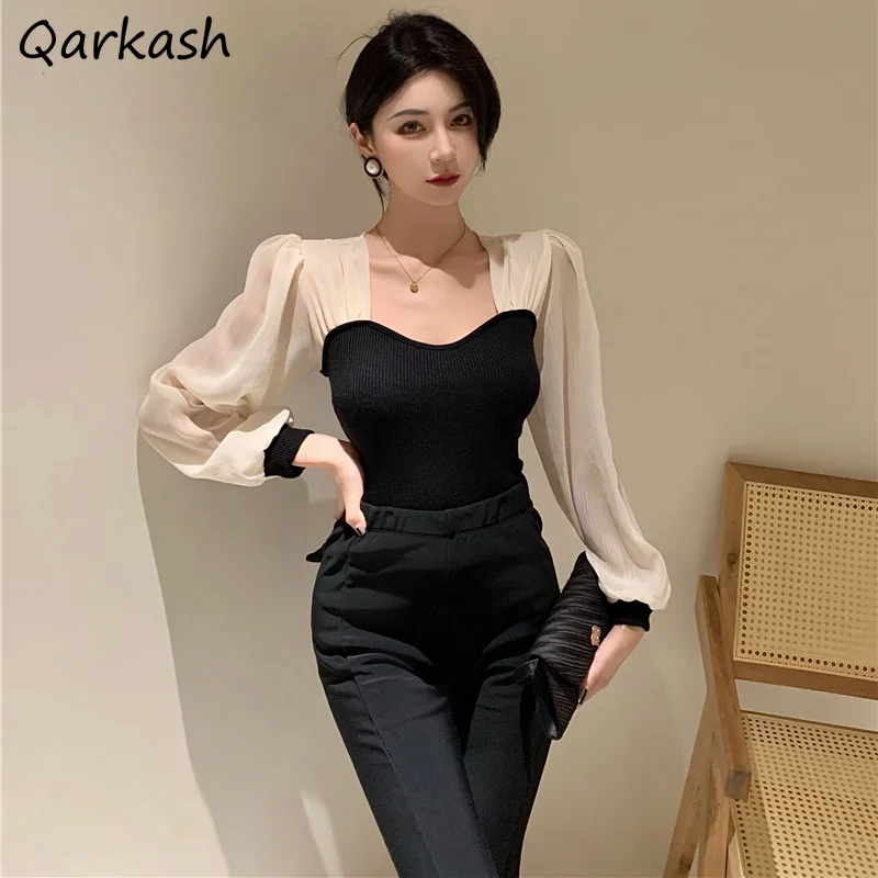 

Blouses Women Patchwork Square Collar French Style Elegant Design Vintage Tops Feminino Spring Slim Chic Temperament Leisure New