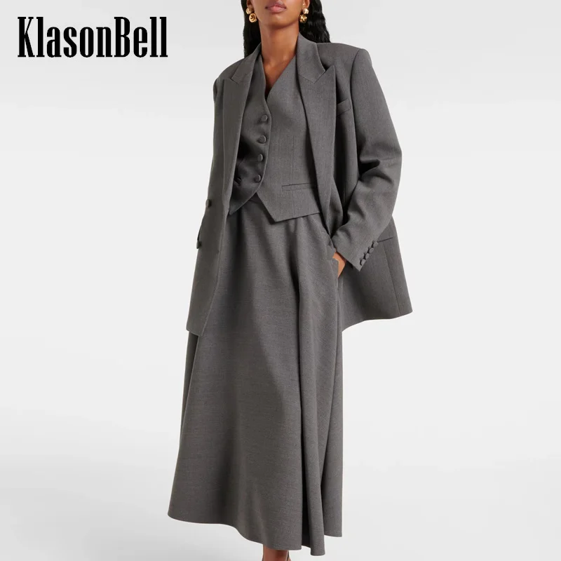 8.27 KlasonBell-Women Temperament Double Breasted Blazer Or V-Neck Vest Or Ribbon Feather Long Sleeve Blouse Or Midi Skirt Set