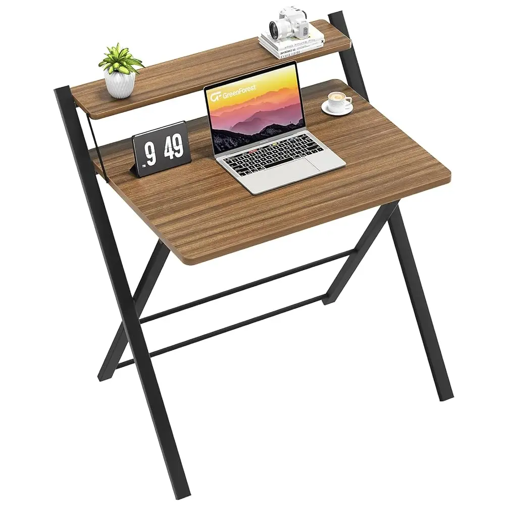 

Folding Desk No Assembly Required Small Size, 2-Tier Foldable Computer Desk With Shelf For Home Office, Space Saving Portable