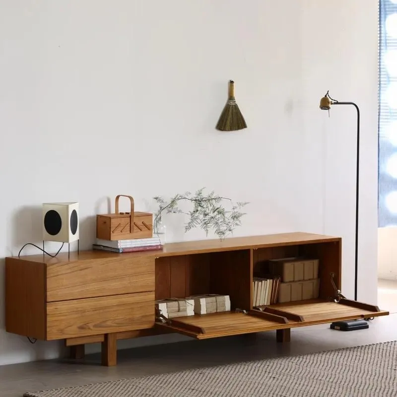 Nordic Solid Wood TV Cabinet and Coffee Table Set Modern Japanese Style Living Room Furniture with Adjustable Sliding Door