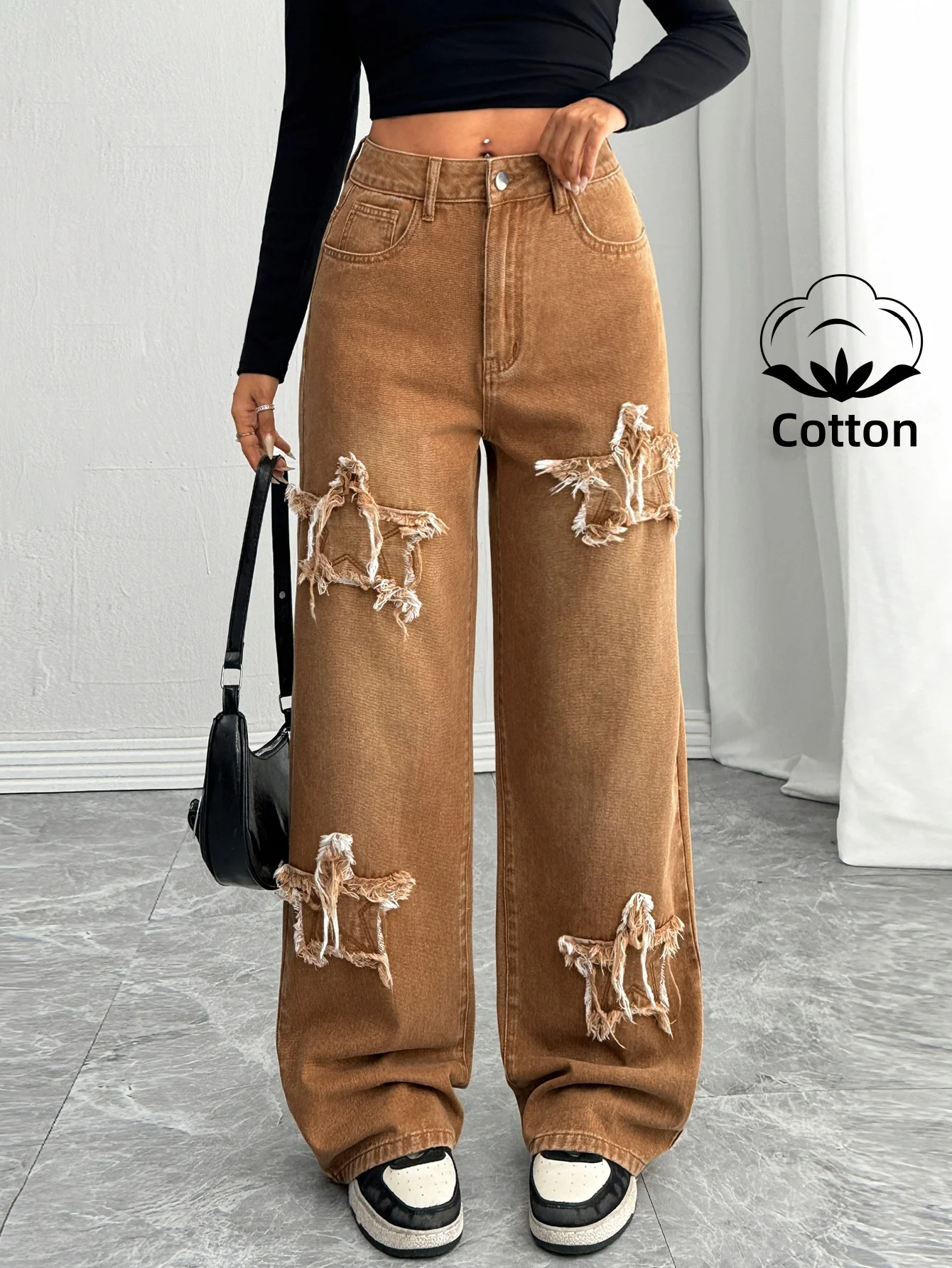 Maurad color series American street style embroidered star patchwork distressed washed water loose fit straight-leg denim pants,