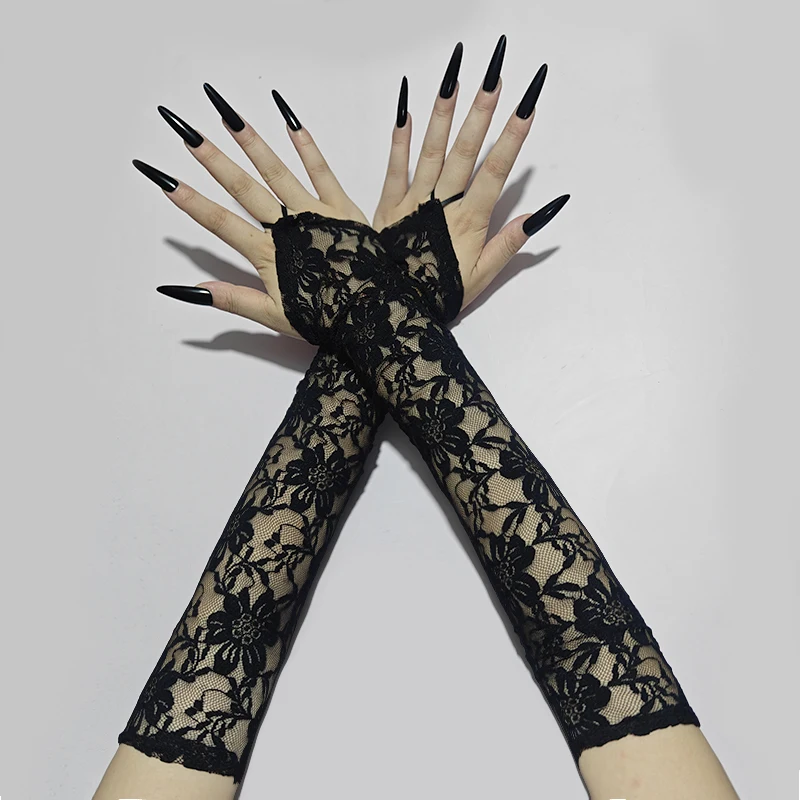 

48cm Black White Women Sexy Hollow Lace Flowers Hook Finger Long Gloves Mesh Transparent Halloween Cosplay Stage Performance