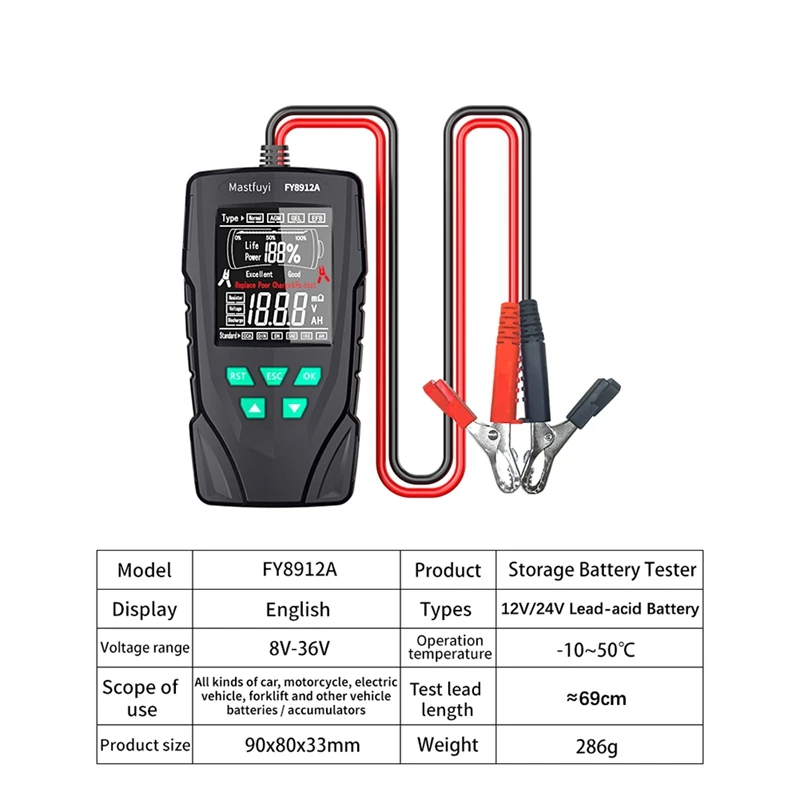 Car Battery Tester 12V/24V Battery System Analyzer 50-2000CCA Battery Health Display Comprehensive Diagnostic Test Tool
