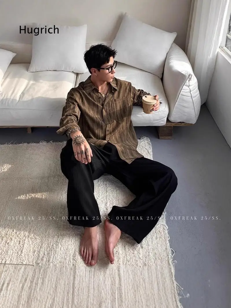 Old Money Style Coffee Tie Dye Striped Shirt For Men Textured Long Sleeve Top Youthful Trendy Versatile Outerwear Suitable For