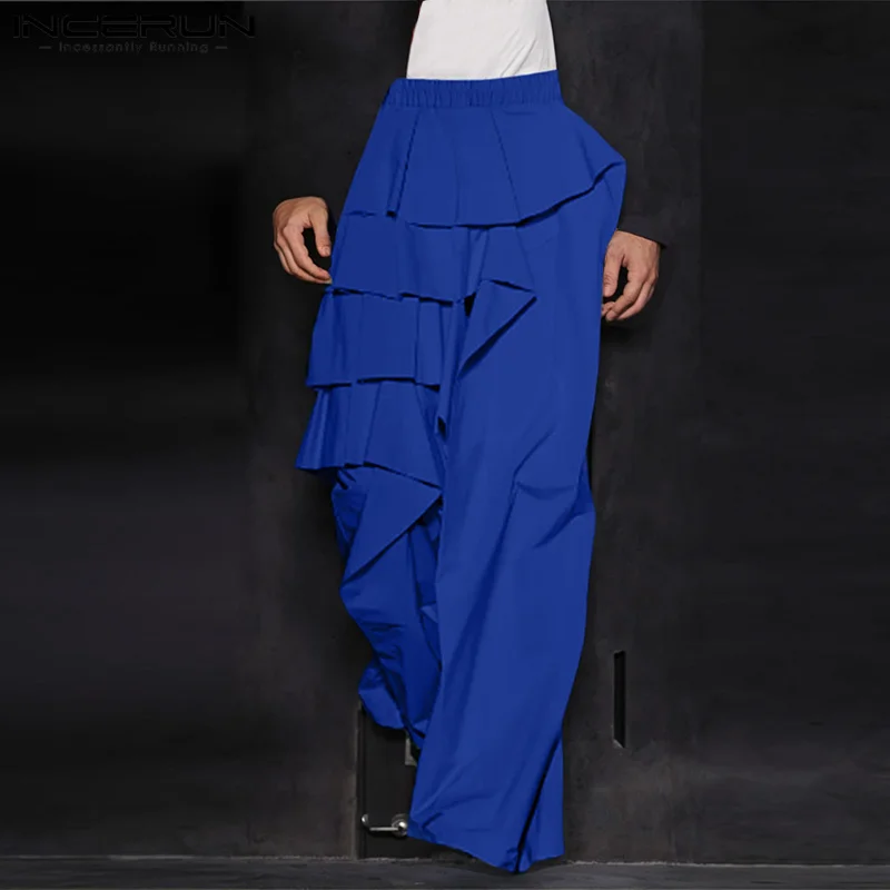 INCERUN Ruffled Edge Solid Color Long Pants 2024 Men Loose Elastic Waist Trousers Casual Simple Handsome Male Wide Leg Bottoms