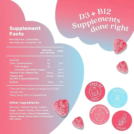 Vitamin D3 gummies contain B12 vitamin -60 capsules immune gummies contain vegetarian vitamins B12 and D3- strawberry flavor