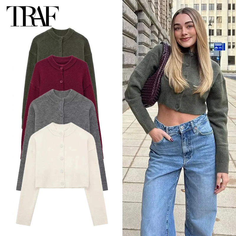 TRAF 2025 Cropped Cardigans for Woman Knitted Short Sweaters for Women Long Sleeve Jersey Cardigan Women Button Knitwear Women