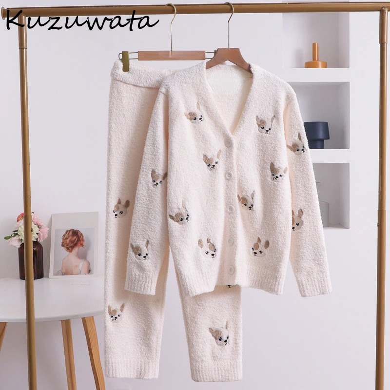 Kuzuwata Simple V Neck Long Sleeve Cartoon Sleepwear Embroidery Velvet Warm Print Dog Pajamas Japan Lovely New Winter Pajama