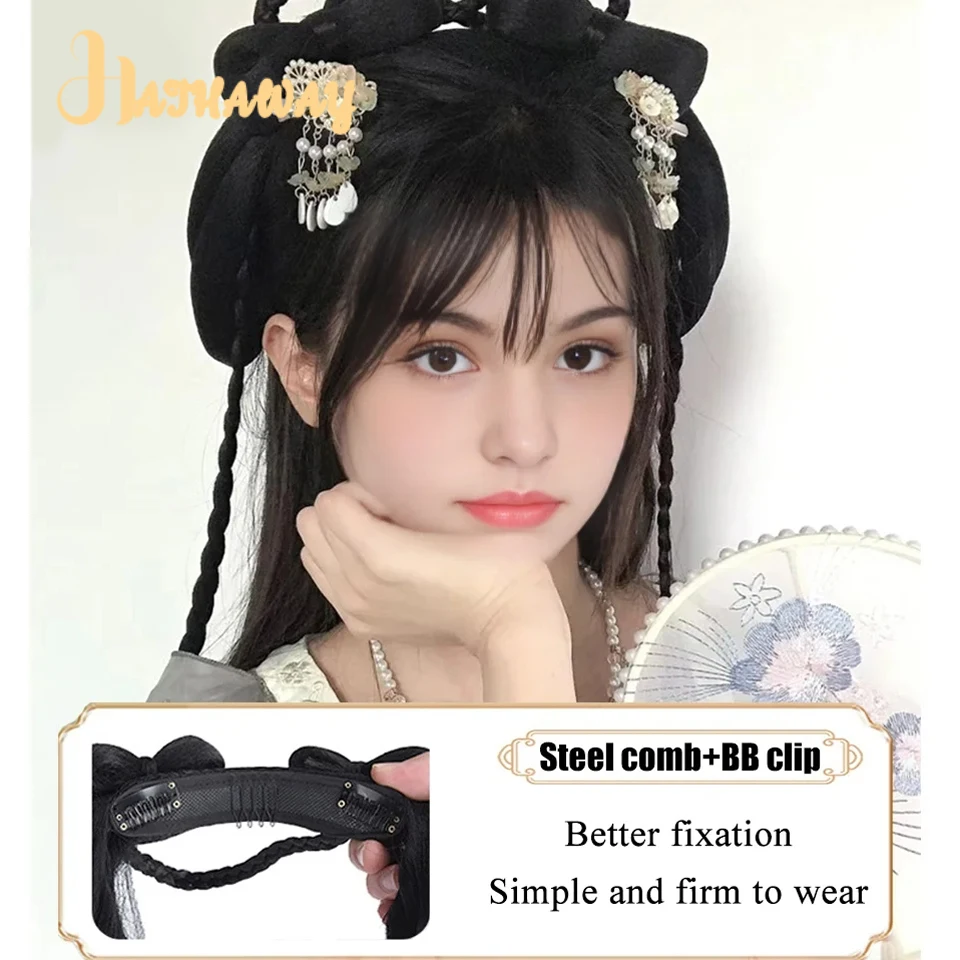 Chinese Ancient Wig Women Traditional Hanfu Synthetic Wigs Headdress Daily Natural black Hair Bun Fluffy Hairstyle