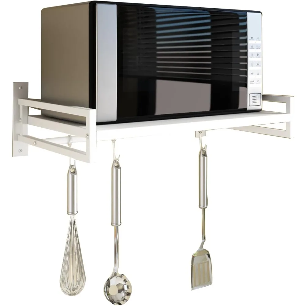

White Carbon Steel Wall Mount Microwave Oven Shelf with Hook Rail and 3 Slidable Hooks for Countertop Storage