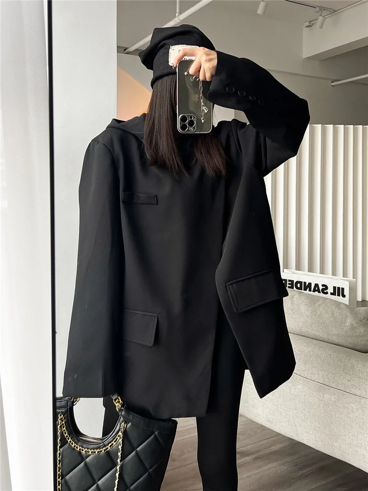 BZVW Fashion Versatile Hooled Blazers Coat For Women Pure Color Split Designer Long Sleeve Female Clothes 2024 New Trend 25Y0927