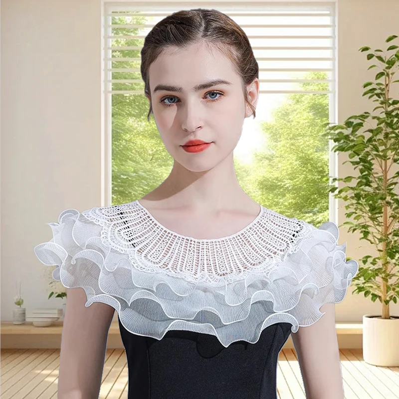 

Women Lace Mesh Ruffle Hollow Out Shawl Wrap Removable Fake Collar Wrap Elegant Bridal Wedding Evening Dress Tulle Scarf Cape