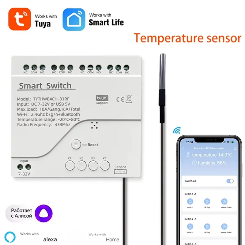 Leading-Tuya Wifi Smart Switch 4-Kanal-Smart-Switch DC 7-32V Smart Switch funktioniert mit Smart Life APP