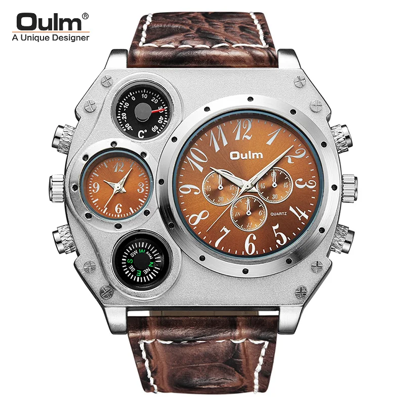 Oulm New Style Large Dial Unique Designer Men\'s Watch Luxury Brand Men Quartz Watch Men Two Time Zone Leather Sport Wristwatches